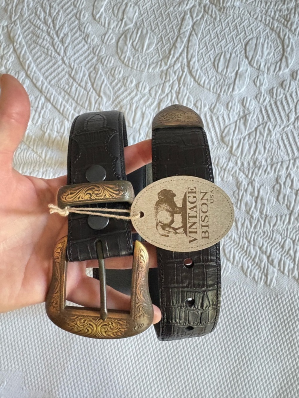 New LeJon Vintage Bison saddle leather belt western antiqued USA made mens 38